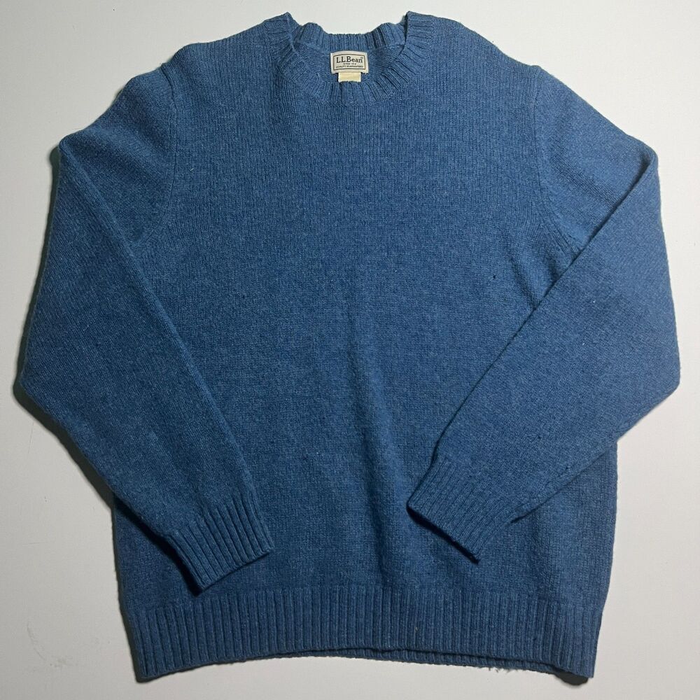 L.L. Bean Sweater Mens  Blue Wool Shetland Crewneck Knit Pullover Size Large